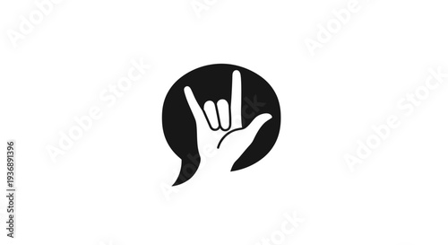 Black and white illustration of a hand making a rock on symbol inside a speech bubble.