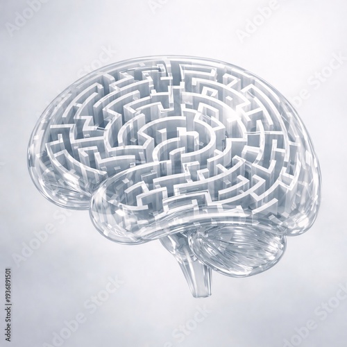 Conceptual 3D illustration of a transparent human brain containing a complex maze or labyrinth structure symbolising mental health, psychology, and cognitive problem-solving