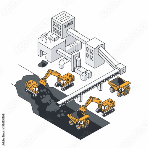Industrial Mining Operation with Excavators and Trucks.