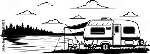 Camper Trailer by Lake Vector Illustration, Black and White Outdoor Travel Art
