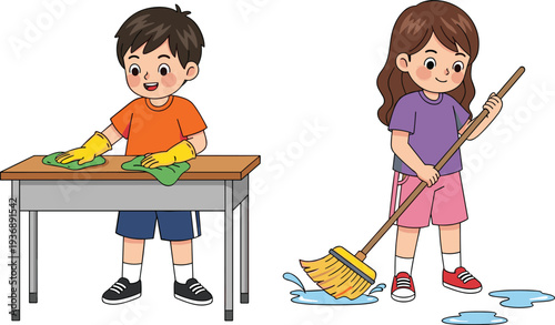 Children cleaning house together, cute kids doing household chores, teamwork responsibility learning concept illustration isolated on white background