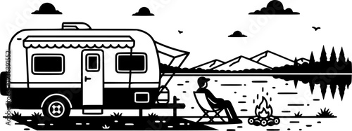 Camper Trailer by Lake Vector Illustration, Black and White Outdoor Travel Art
