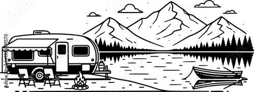 Camper Trailer by Lake Vector Illustration, Black and White Outdoor Travel Art
