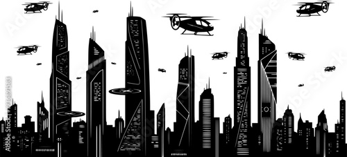 Futuristic City Skyline and Air Taxis Vector, Black and White Future Travel

