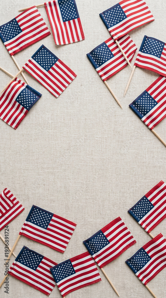 Obraz premium 4th of July Background with Small American Flags and Copy Space, vertical 