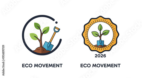 Eco Movement logos with green plants and gardening tools.
