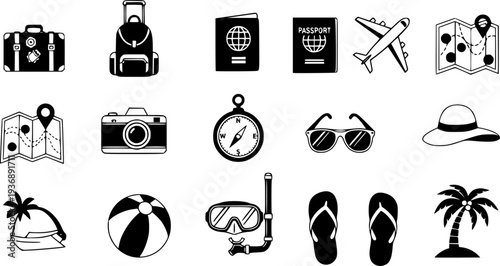 Travel Essentials Icon Set Flat Vector, Black and White Tourism Graphic Assets
