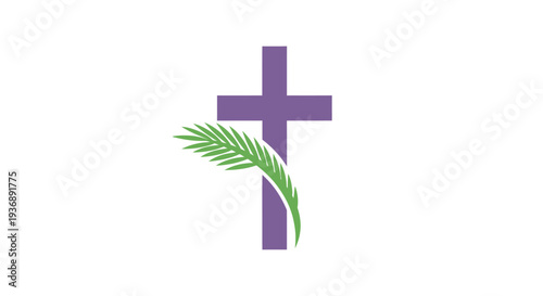 Purple Christian cross with green palm branch symbolizing faith and spirituality.
