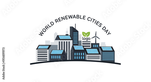 World Renewable Cities Day illustration with eco-friendly cityscape and wind turbines.