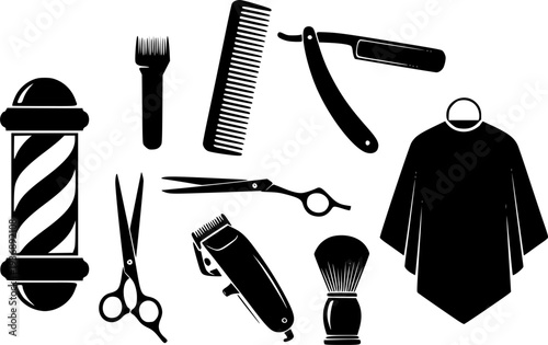 Barber tools silhouette, Barber tools, Barbershop tools, Hairdressing tools set, Barbershop equipment silhouette, Salon tools silhouette, Hairdresser tools icons set