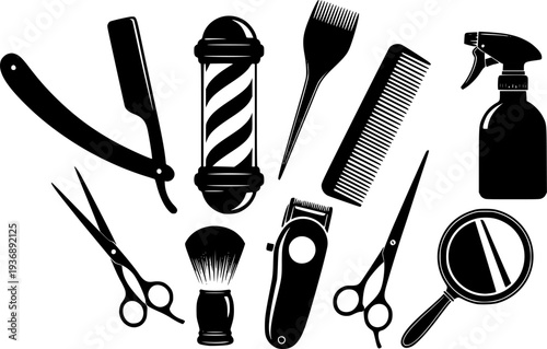 Barber tools silhouette, Barber tools, Barbershop tools, Hairdressing tools set, Barbershop equipment silhouette, Salon tools silhouette, Hairdresser tools icons set