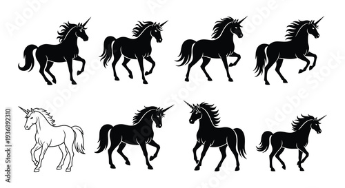 Black silhouettes of unicorns and horses in various dynamic poses