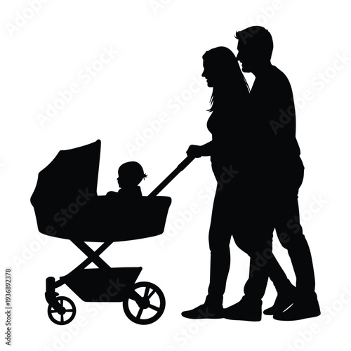 Loving parents walking with baby stroller in modern family scene