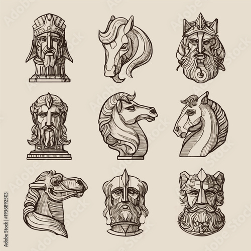Generate on Vector set of logo with antique sculptures. Vector illustration with classical Sculpture for card poster T-Shirt or printing. Contemporary hand drawn mythical collection line design style