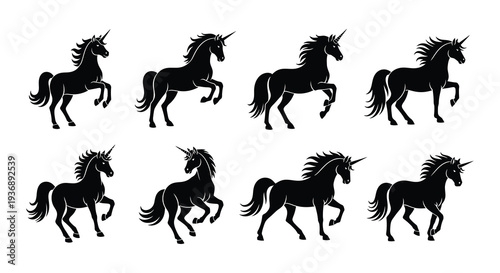 Black silhouettes of unicorns and horses in various dynamic poses