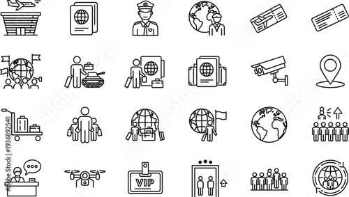 Airport travel security and passenger services outline icon set aviation terminal vector symbols collection