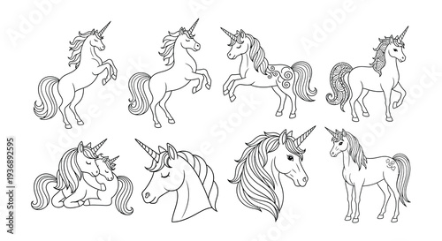 Black silhouettes of unicorns and horses in various dynamic poses