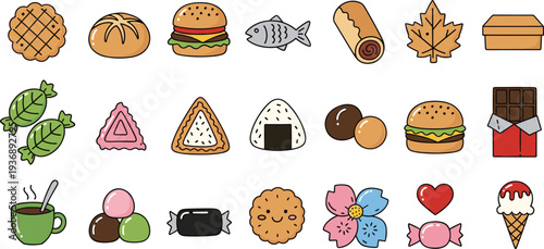 Food and Snack Icon Set Featuring Burgers, Ice Cream, Sweets, Chocolates, Cookies, Coffee, Onigiri, and Candies in Vector Design