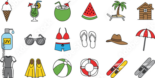 Summer Vacation and Beach Icon Set Featuring Ice Cream, Cocktails, Watermelon, Sunglasses, Swimsuit, Sun Hat, Skis, and Beach Gear in Vector Design