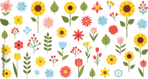 Colorful Flower and Floral Icon Set Featuring Sunflowers, Tulips, Roses, Daisies, Wildflowers, and Decorative Plants in Vector Design