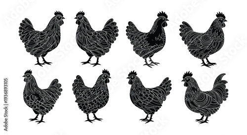 A collection of stylized black and white rooster and hen illustrations