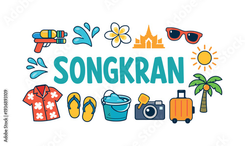 Songkran festival elements with water gun, bucket, and tropical vacation items