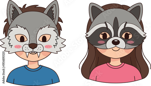 Cute kids wearing animal masks illustration, cartoon boy and girl in wolf and raccoon costume isolated