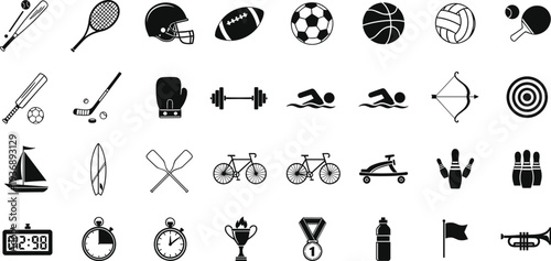 Sports and Fitness Icon Set Featuring Balls, Equipment, Gym, Exercise, Swimming, Cycling, and Athletic Gear in Black and White Vector Design