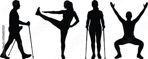 Set of black silhouettes showing people exercising, Nordic walking with poles, stretching legs, and performing squats isolated on white background, fitness