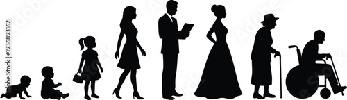 Set of black silhouettes showing human life cycle from baby to elderly including childhood, youth, adulthood, aging, and disability, isolated