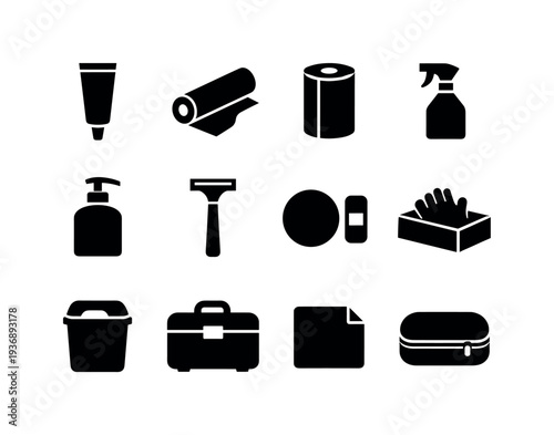 Collection of black icons representing hygiene and personal care items on a white background