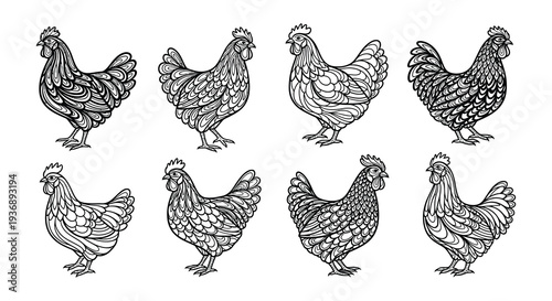 A collection of stylized black and white rooster and hen illustrations