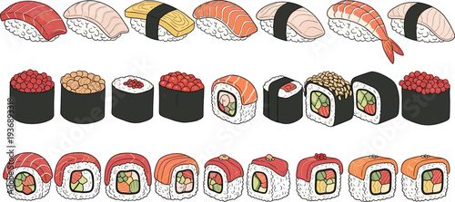 Sushi and Japanese Food Icon Set Featuring Nigiri, Maki Rolls, Salmon, Tuna, Shrimp, Caviar, and Traditional Asian Cuisine Vector Collection