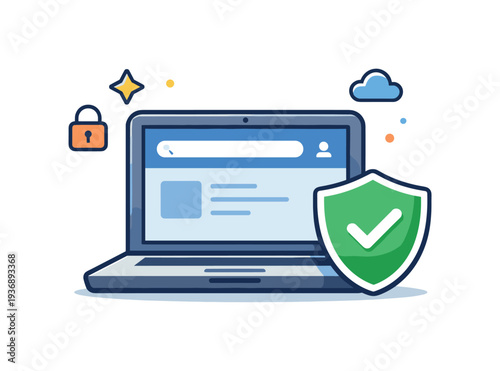 Digital security concept with laptop, shield, and padlock icons for online protection