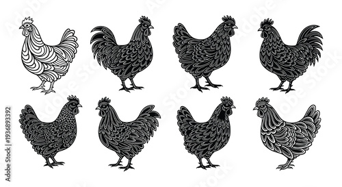A collection of stylized black and white rooster and hen illustrations