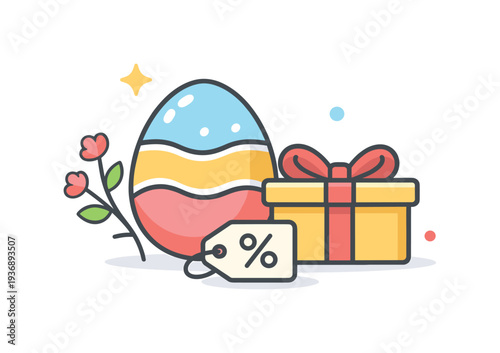 Easter egg with gift box and discount tag, festive celebration and sale concept