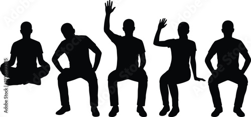 Set of black silhouettes of people sitting, waving, raising hands, and meditating in various poses isolated on white background, community