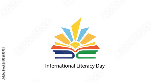 International Literacy Day logo with colorful books and sun rays.
