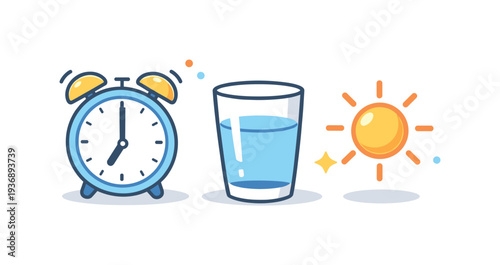 Alarm clock, glass of water, and sun illustration representing morning routine and hydration