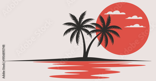 Sunset tropical island scene with banana trees, red sun, ocean reflection, and stylized clouds, minimalist artistic illustration perfect for travel posters, summer themes, and tropical designs.