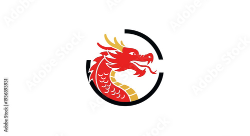 Red dragon emblem in a circular frame on white background.