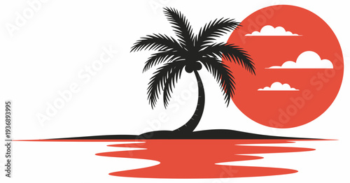 Sunset tropical island scene with banana trees, red sun, ocean reflection, and stylized clouds, minimalist artistic illustration perfect for travel posters, summer themes, and tropical designs.