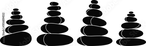 Balanced stacked stones silhouettes representing zen meditation, spa relaxation and harmony concept, black pebble cairn icons isolated on white background for wellness design