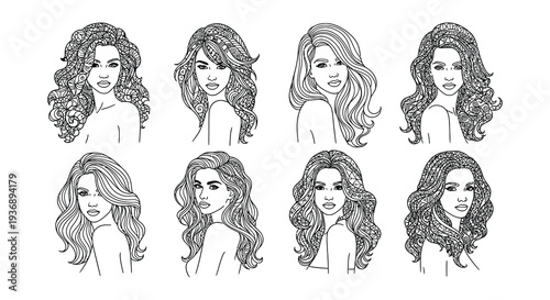Collection of hand drawn female faces with various detailed hairstyles