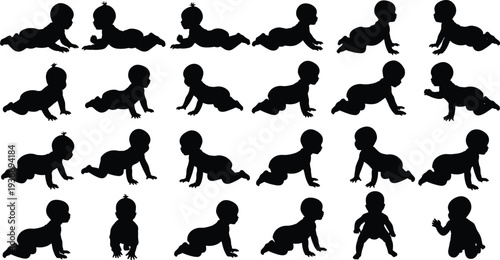 Baby crawling silhouettes collection showing infants in different crawling poses, adorable toddler movement icons isolated on white background for parenting and childcare design