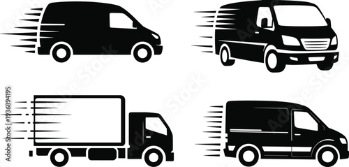 Black silhouette icons of delivery vans and trucks in motion