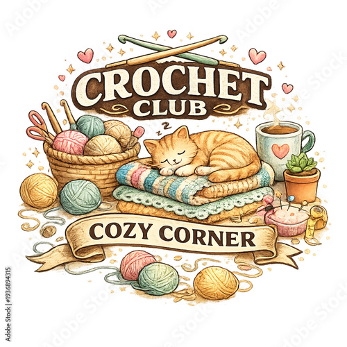 crochet club cozy corner scene, cozy crochet club illustration, cute crochet corner aesthetic, yarn knitting club scene, cozy crafting space with yarn, crochet hobby illustration, handmade yarn craft 