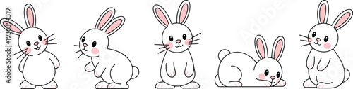 Five Cute Cartoon White Bunnies in Different Poses