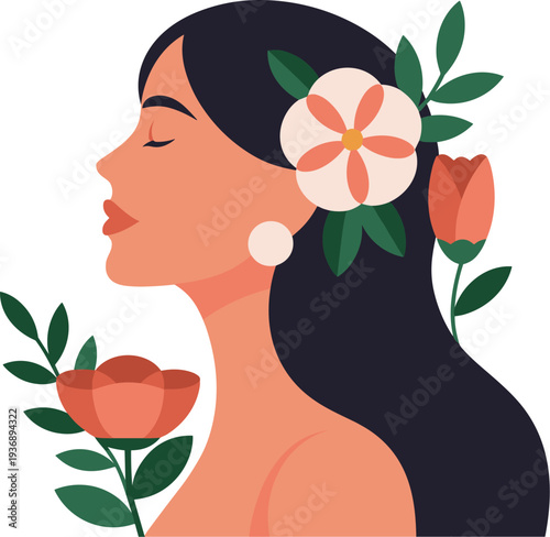 Woman profile with flowers and leaves on white background Keywords: woman, profile, female, face