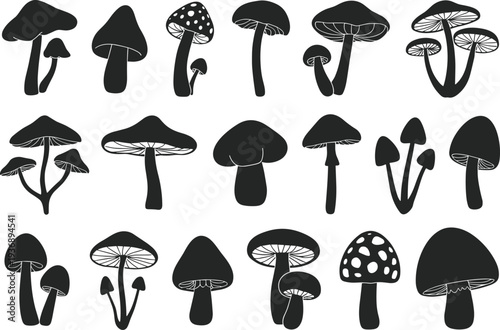 Collection of Black Mushroom Silhouettes in Various Shapes